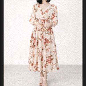 Guess Floral Midi Dress in Cream and Pink